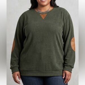 😍 SHOW SPECIAL Military Green Ribbed Sweater Tan Faux Leather Patches size XL
